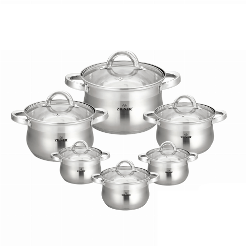Set of 12 stainless steel pots with glass lids