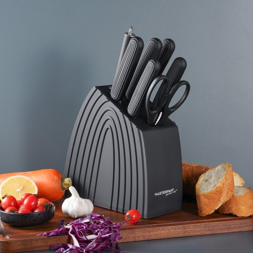 Set of kitchen knives with marble pattern and stand - 8 pcs