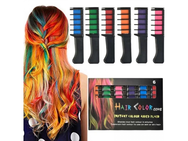 Hrebeň s farebnými kriedami na vlasy - 6 farieb