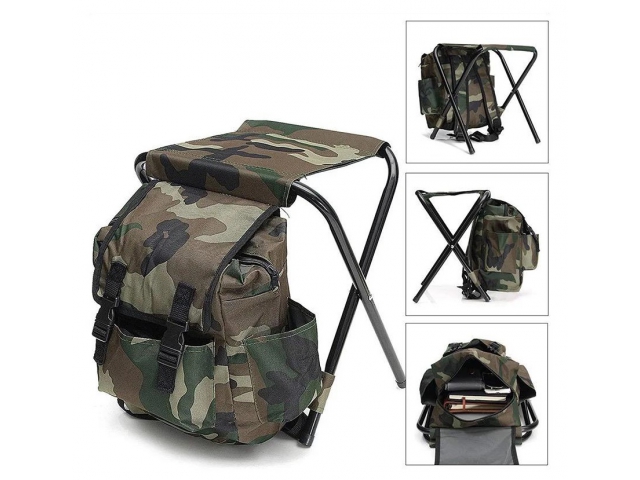 Skladacie rybárske kreslo s batohom 3v1 - zelená kamufláž, výška 34,5 cm, objem 10 l