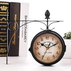 Dwustronny zegar ścienny w stylu retro, dworcowy, vintage, metalowy, czarny, średnica 24 cm