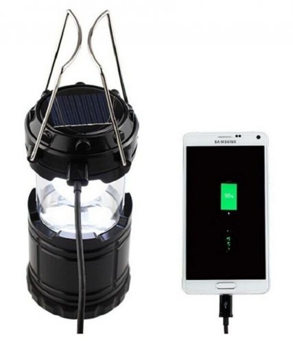 Nabíjací, solárna, výsuvná kempingová lampa s USB portom
