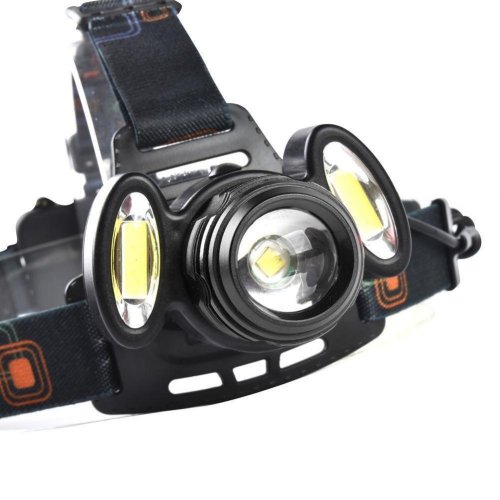 Akumulatorowa latarka czołowa HEADLIGHT z trzema reflektorami i zoomem - czarna