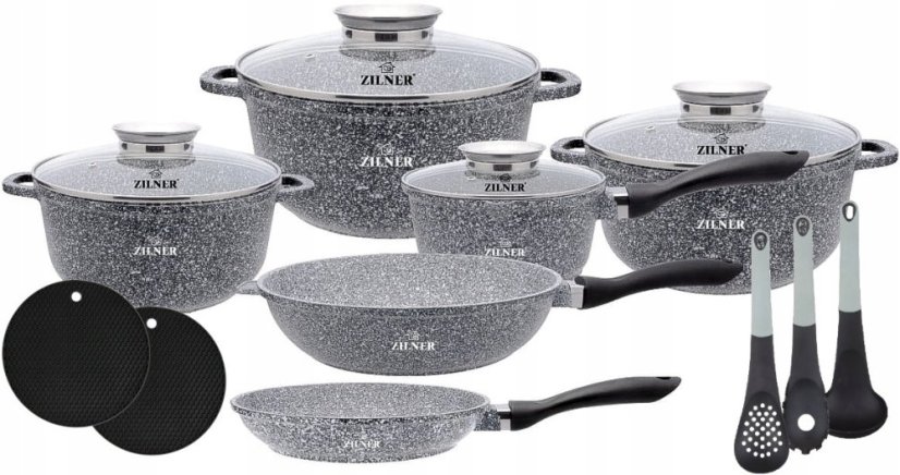 Set of kitchen utensils with marble surface and accessories for induction, gas and oven - 15 pcs