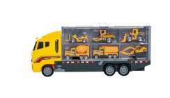 A truck with six metal cars with construction equipment