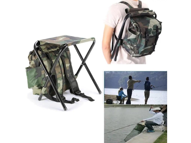 Skladacie rybárske kreslo s batohom 3v1 - zelená kamufláž, výška 34,5 cm, objem 10 l