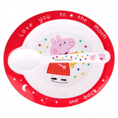 Two-piece plastic set of dishes Piglet Pepa - bowl and spoon - red