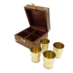 Set of 4 metal brass shots in wooden box