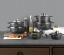 Set of pots with black ceramic-marble surface and lids, 12 pieces