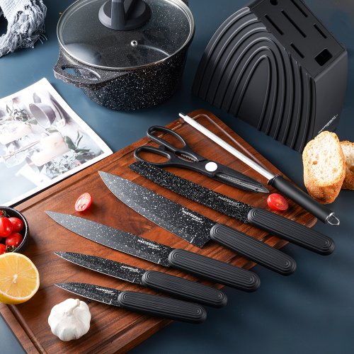 Set of kitchen knives with marble pattern and stand - 8 pcs