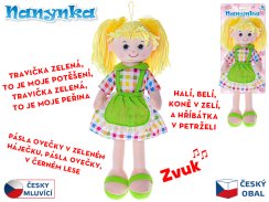 Lalka Nanynka żółta 50 cm, miękkie ciało, zasilana bateriami, mówiąca po czesku i śpiewająca, 0m+, na karcie