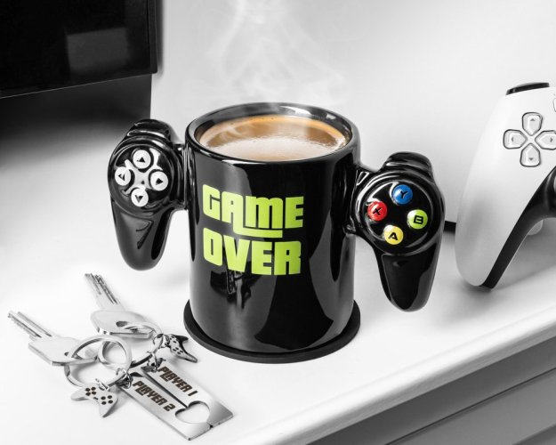GAME OVER player set - mug, coaster, and keychains