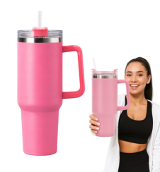 Termohrnek 1200 ml růžový s uchem a brčkem
