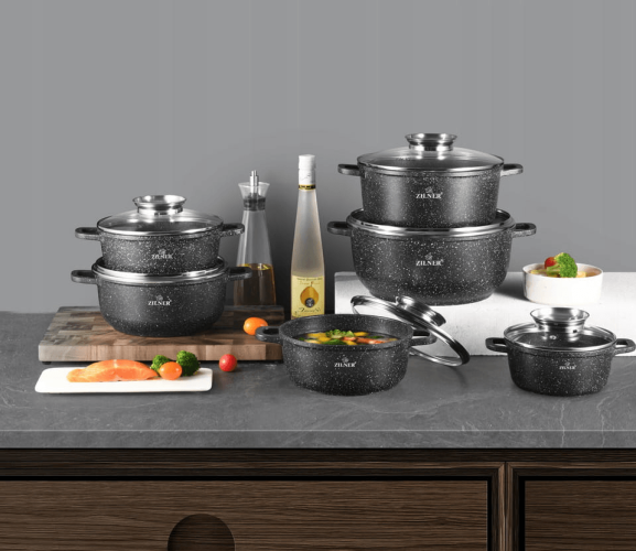 Set of pots with black ceramic-marble surface and lids, 12 pieces