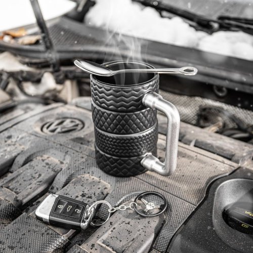 Gift set for men - mug with tire, spoon with wrench, and key chain